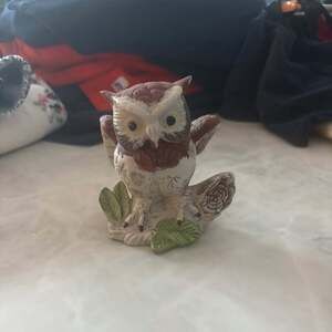 Vintage Ceramic Owl Figurine on Branch Brown White Green Woodland Decor